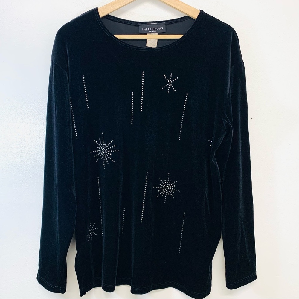 Impresions Black Velvet Top Woman Medium Sparkle Pull Over Stretch Classic